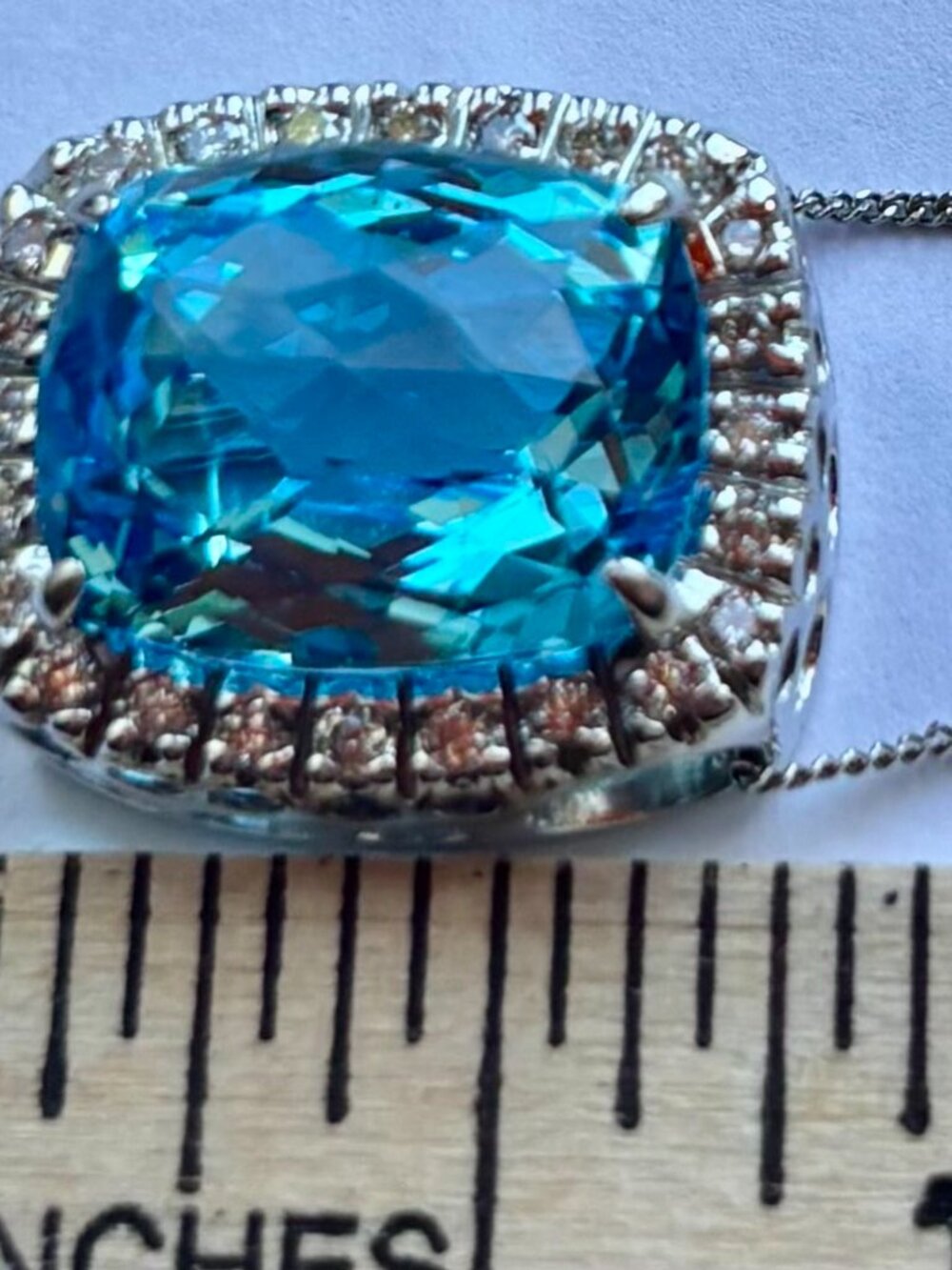 London Blue Topas and Diamonds Halo style 14k white gold Pendant with chain - Picture 9 of 9